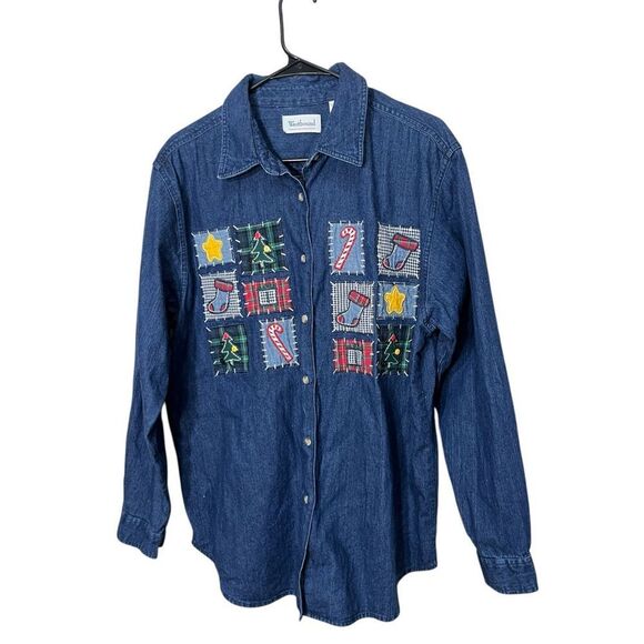 Westbound Tops - Vintage Westbound 90s Christmas Patchwork Embroidery Denim Shirt Large‎